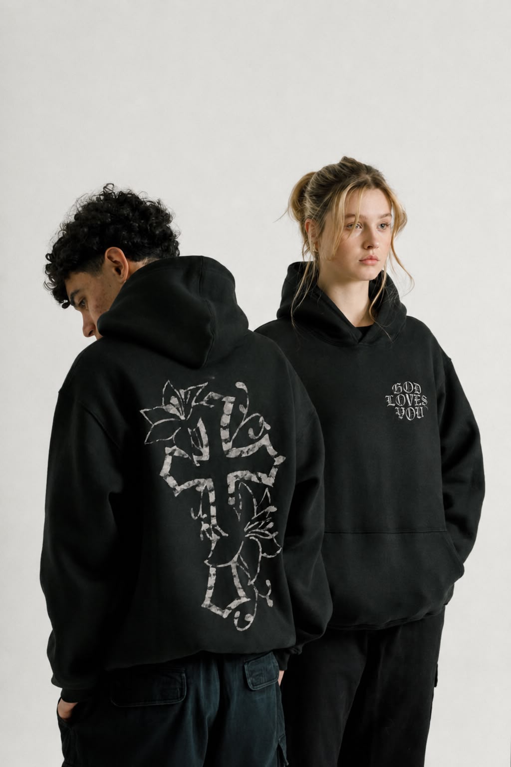 Two Studio Lyn models wearing black hoodies